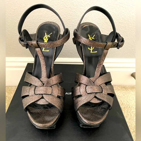 Saint Laurent Black Gunmetal Leather Tribute 105 Sandals - Picture 1 of 8